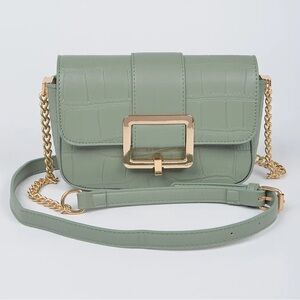 Sage Green Faux Leather Buckle Crossbody Bag – Gold Chain Accent
